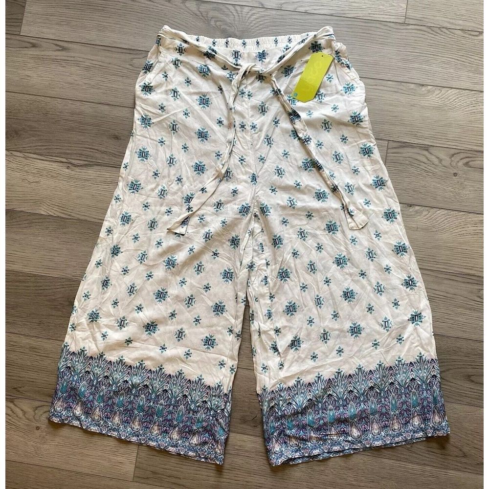 Yado Rayon Boho Geometric Crop Pants Lightweight‎ Size Large White Stretch
